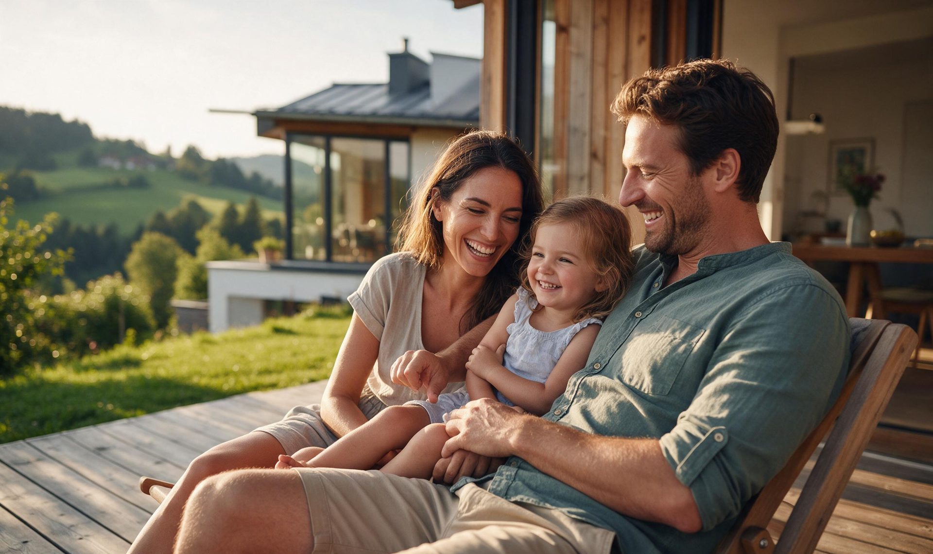 Glückliche Familie auf der Terrasse ihres Eigenheims